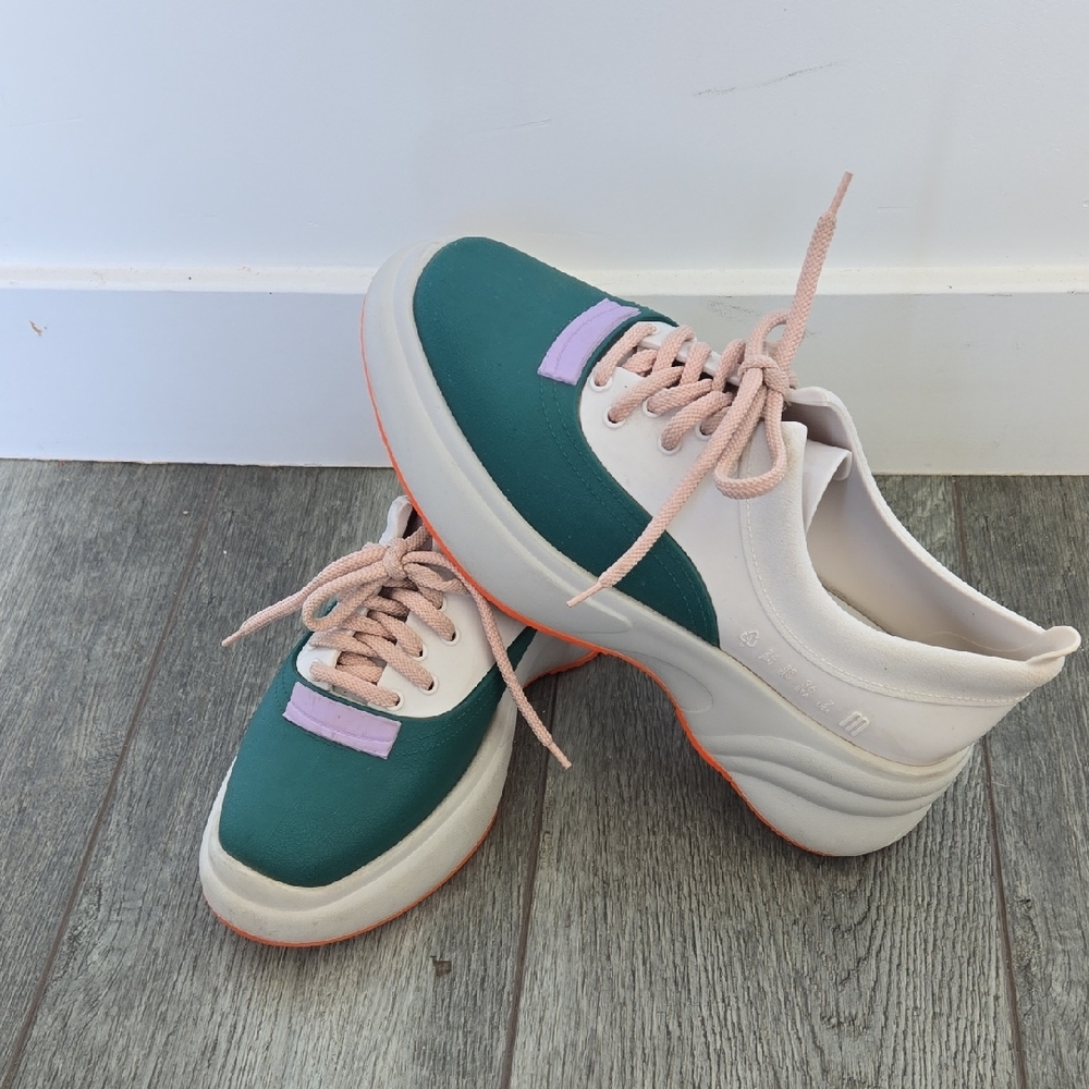 Melissa Green and White Sneakers with Pink Accents